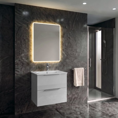 Przejdź do produktu CIRASA Szafka łazienkowa 50cm z wąską umywalką i lustrem LED, 2 szuflady, biały połysk