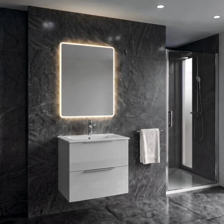 CIRASA Szafka łazienkowa 60cm z wąską umywalką i lustrem LED, 2 szuflady, biały połysk