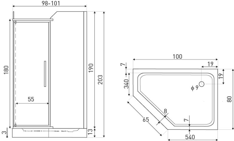 Kabina natryskowa narożna 100x80x203 cm Kerra Glasgow 100 z brodzikiem rys.tech.