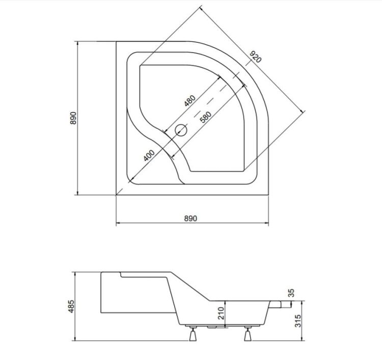 Brodzik półokrągły Oliver II 90x90 rysunek techniczny.JPG