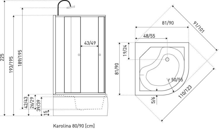 Kabina prysznicowa półokrągła 80x80 cm Kerra Karolina 80 z hydromasażem rys. tech.
