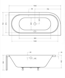 Wanna asymetryczna Avita 150x75 cm prawa rysunek techniczny