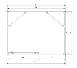 Kabiny prysznicowe w kształcie kwadratu lub prostokąta, dostępne w wersjach lewo- i prawostronnych, z drzwiami przesuwnymi. Rozmiary wahają się od 100