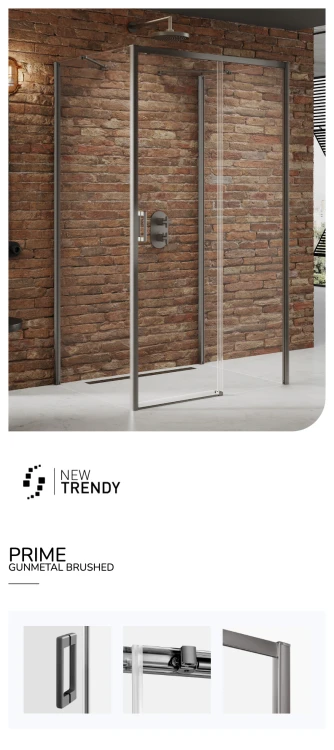 Kwadratowe i prostokątne kabiny prysznicowe z drzwiami przesuwnymi, dostępne w wersjach lewo- i prawostronnych. Wymiary od 100x70x200 cm do 160x100x20