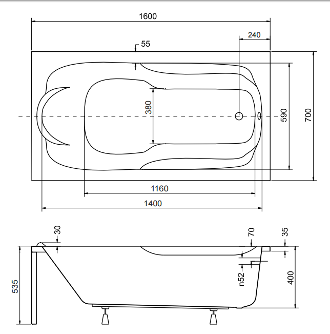 Wanna prostokątna 160x70 cm Besco Bona 160 rys.tech.