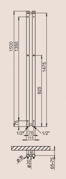 P.M.H. Rosendal R2C/2 Grzejnik łazienkowy chrom 11,5x150 cm rysunek techniczny