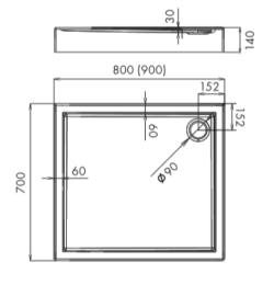 Brodzik prostokątny 70x90x14cm Schedpol Competia 3.01254 rys.tech.
