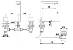 Bateria umywalkowa 3-otworowa Kohlman Excelent QB200H chrom rys. tech.