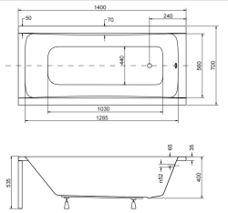Wanna prostokątna 140x70 cm Besco Optima 140 rys. tech.