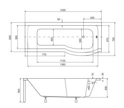 Kabino-wanna 150x70 cm Besco Inspira 150 prawa komplet z parawanem rysunek techniczny.