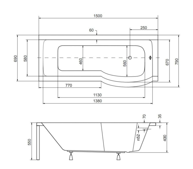 Kabino-wanna 150x70 cm Besco Inspira 150 prawa komplet z parawanem rysunek techniczny.