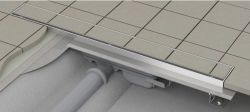 Odpływ liniowy niski APZ106 120 cm z rusztem Floor 1150 wypełnionym kaflem widok w przekroju