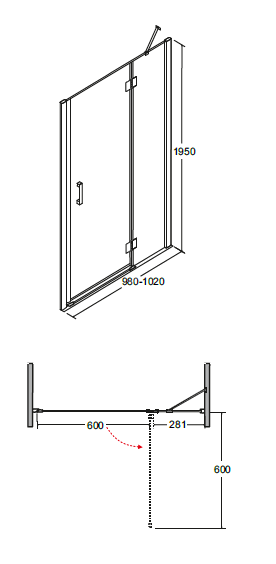 Drzwi prysznicowe 100x195 cm Besco Viva 195 rys. tech.