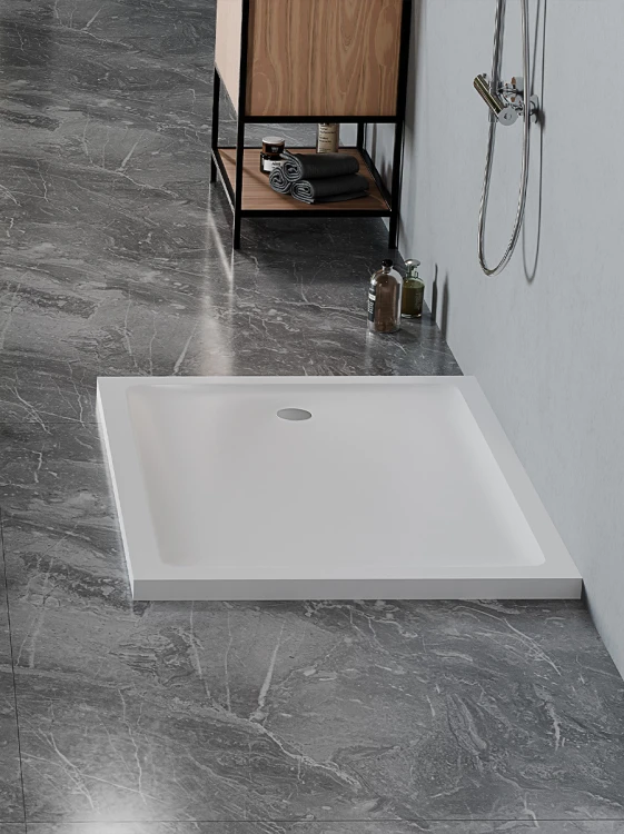 Akrylowe brodziki z matową/satynową powierzchnią, dostępne w rozmiarach od 90x70x4,5 cm do 140x90x4,5 cm.
