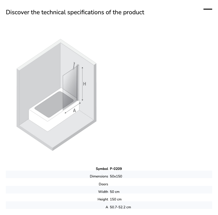 Uniwersalny parawan, który można zamontować na każdą stronę. Dostępne wymiary: od 50x150 cm do 100x150 cm.