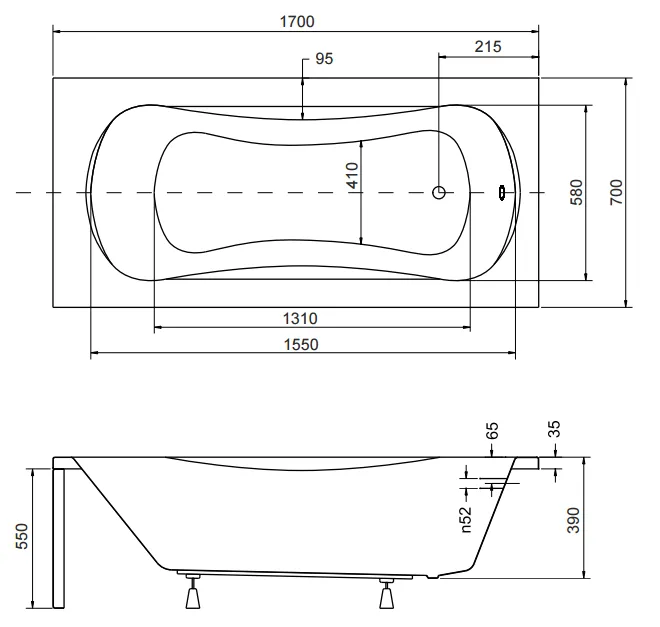 Wanna prostokątna 170x70 cm Besco Aria 170 rys. tech.