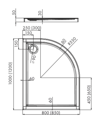 Brodzik półokrągły asymetryczny 80x100x5cm Schedpol Corrina 3.072 R55 prawy- rys.tech.