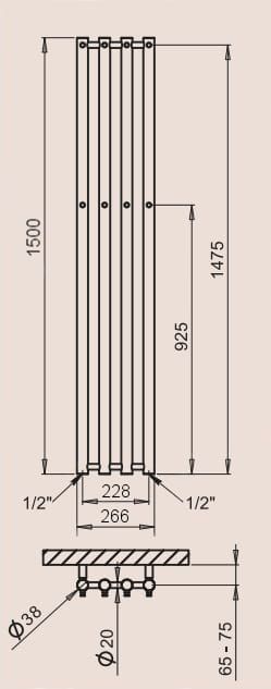 P.M.H. Rosendal R2W Grzejnik łazienkowy biały 26,6 x 150 cm rysunek techniczny