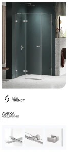 Kwadratowe i prostokątne kabiny prysznicowe dostępne w wersji lewej lub prawej. Posiadają drzwi otwierane na zewnątrz. Wymiary od 80x70x200 cm do 120x