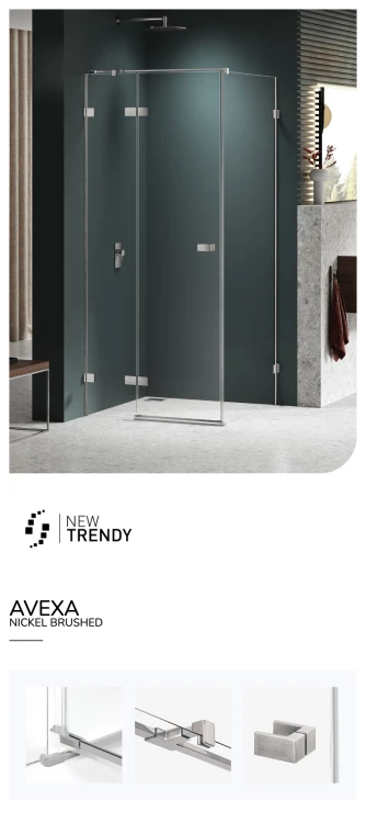 Kwadratowe i prostokątne kabiny prysznicowe dostępne w wersji lewej lub prawej. Posiadają drzwi otwierane na zewnątrz. Wymiary od 80x70x200 cm do 120x