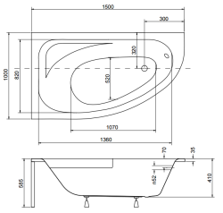Wanna asymetryczna 150x100 cm Besco Cornea Comfort 150 lewa rys. tech.
