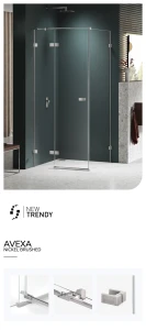 Kwadratowe i prostokątne kabiny prysznicowe dostępne w wersji lewej lub prawej. Posiadają drzwi otwierane na zewnątrz. Wymiary od 80x70x200 cm do 120x