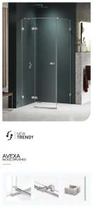 Kwadratowe i prostokątne kabiny prysznicowe dostępne w wersji lewej lub prawej. Posiadają drzwi otwierane na zewnątrz. Wymiary od 80x70x200 cm do 120x