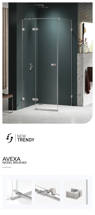 Kwadratowe i prostokątne kabiny prysznicowe dostępne w wersji lewej lub prawej. Posiadają drzwi otwierane na zewnątrz. Wymiary od 80x70x200 cm do 120x