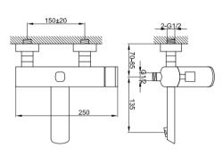 Bateria wannowa ścienna Kohlman Foxal QW110F  chrom rys. tech.
