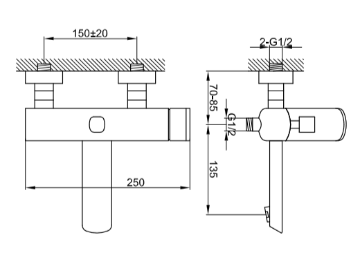 Bateria wannowa ścienna Kohlman Foxal QW110F  chrom rys. tech.