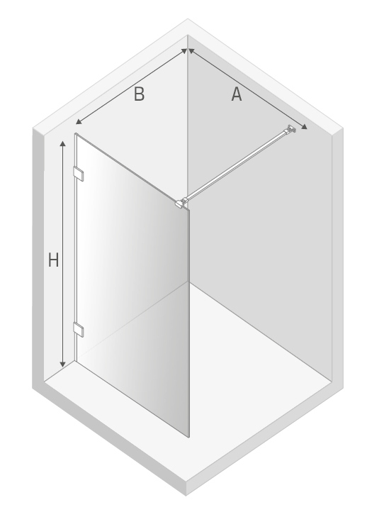 Kabina walk-in, jednoelementowa, montaż uniwersalny (dowolna strona), wspornik kątowy L; szerokość 50–120 cm, wysokość 200 cm.