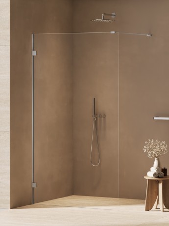 Przejdź do produktu Kabina walk-in, jednoelementowa, montaż uniwersalny (dowolna strona), wspornik kątowy L; szerokość 50–120 cm, wysokość 200 cm.