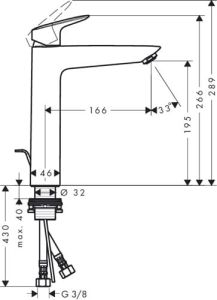 Bateria umywalkowa wysoka 190 DN15 Hansgrohe Logis 71090000 rysunek techniczny