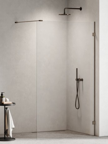 Przejdź do produktu Kabina walk-in, jednoelementowa, montaż uniwersalny (dowolna strona), wspornik kątowy L; szerokość 50–120 cm, wysokość 200 cm.