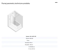 Parawan stały, jednoelementowy, montaż uniwersalny (dowolna strona); szerokość 50–100 cm, wysokość 150 cm.