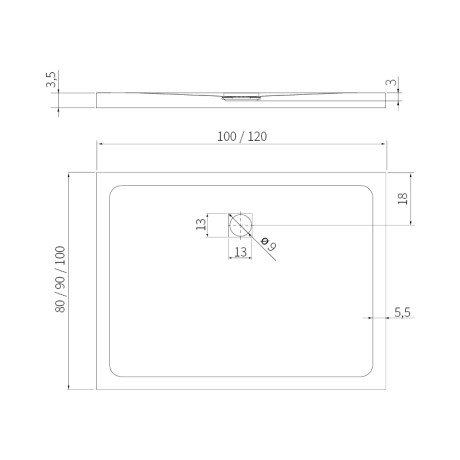 Przejdź do produktu Brodzik akrylowy bezrantowy o matowej powierzchni; wymiary od 100x80x3,5 cm do 120x100x3,5 cm.