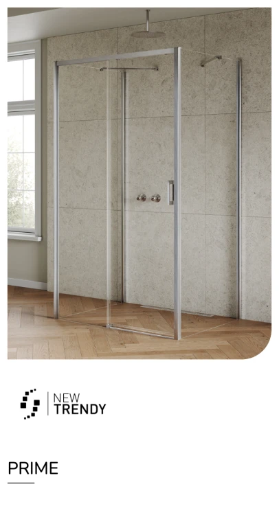 Kabina przyścienna, wejście od frontu, montaż lewo- lub prawostronny; szerokość 100–160 cm, głębokość do 100 cm, wysokość 200 cm.