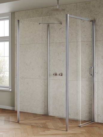 Przejdź do produktu Kabina przyścienna, wejście od strony ściany, montaż lewo- lub prawostronny; szerokość 100–120 cm, głębokość do 120 cm, wysokość 200 cm.