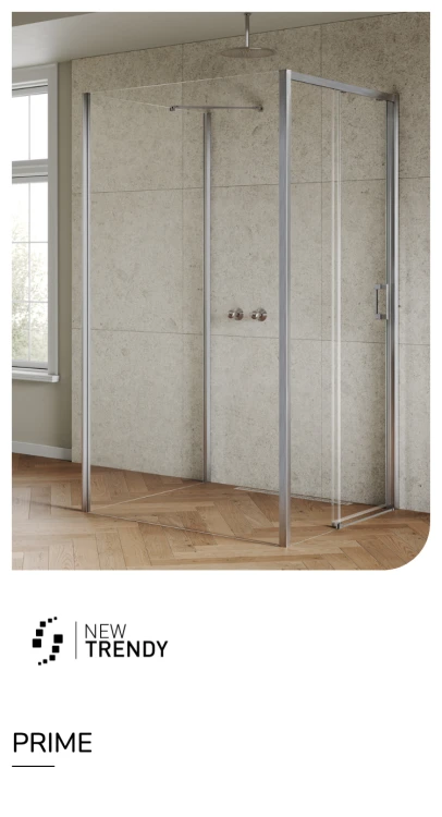 Kabina przyścienna, wejście od strony ściany, montaż lewo- lub prawostronny; szerokość 100–120 cm, głębokość do 120 cm, wysokość 200 cm.