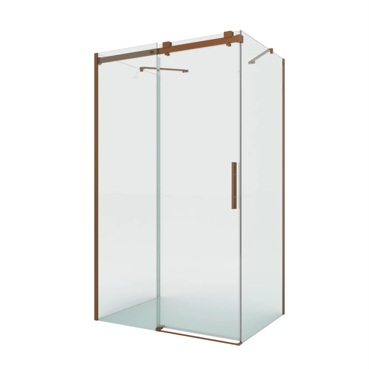 Kabina przyścienna o uniwersalnym montażu (dowolna strona); szerokość 100–140 cm, głębokość do 100 cm, wysokość 200 cm.