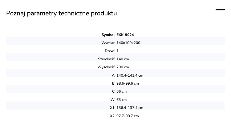 Kabina przyścienna, montaż po prawej lub lewej stronie; szerokość 100–140 cm, głębokość do 100 cm, wysokość 200 cm.