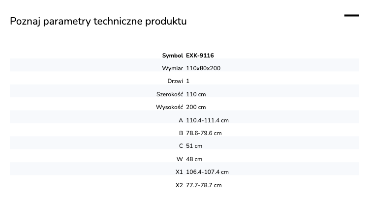 Kabina przyścienna, montaż po prawej lub lewej stronie; szerokość 100–140 cm, głębokość do 100 cm, wysokość 200 cm.