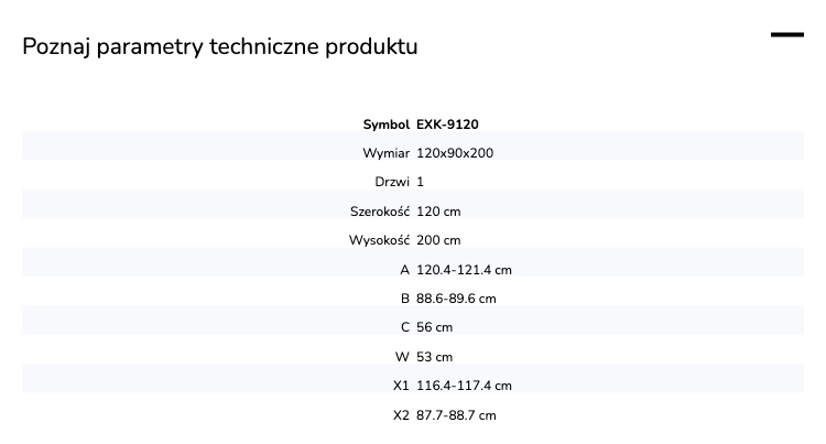 Kabina przyścienna, montaż po prawej lub lewej stronie; szerokość 100–140 cm, głębokość do 100 cm, wysokość 200 cm.