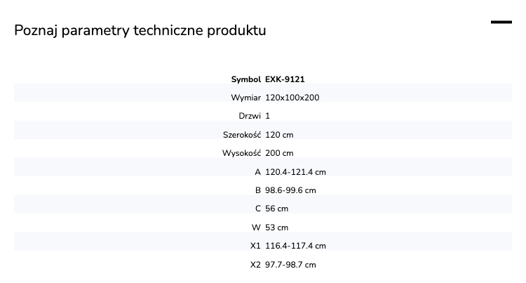 Kabina przyścienna, montaż po prawej lub lewej stronie; szerokość 100–140 cm, głębokość do 100 cm, wysokość 200 cm.