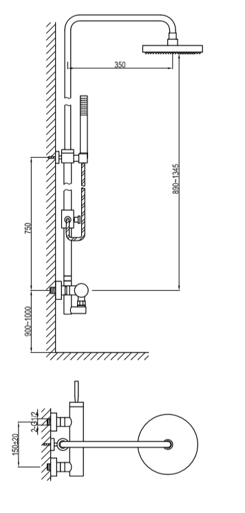 Kolumna prysznicowa z okrągłą deszczownicą 20 cm Kohlman Maxima QW276M chrom rys. tech.