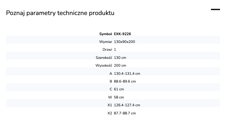 Kabina przyścienna, montaż po prawej lub lewej stronie; szerokość 100–140 cm, głębokość do 100 cm, wysokość 200 cm.