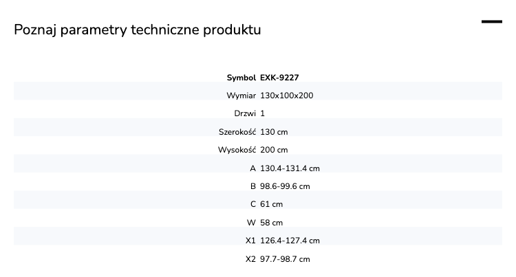 Kabina przyścienna, montaż po prawej lub lewej stronie; szerokość 100–140 cm, głębokość do 100 cm, wysokość 200 cm.