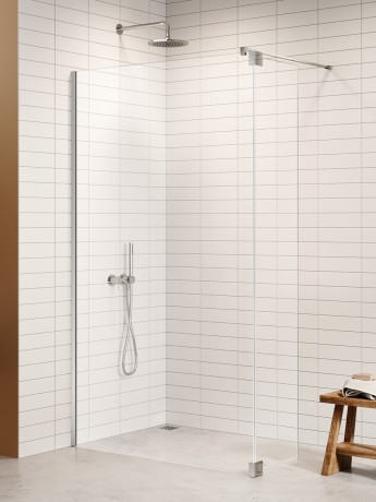 Przejdź do produktu Kabina walk-in o uniwersalnym montażu (dowolna strona), z dodatkowym skrzydłem wahadłowym; szerokość 70–140 cm, wysokość 200 cm.