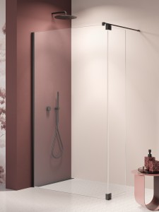 Kabina walk-in o uniwersalnym montażu (dowolna strona), z dodatkowym skrzydłem wahadłowym; szerokość 70–140 cm, wysokość 200 cm.