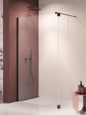 Przejdź do produktu Kabina walk-in o uniwersalnym montażu (dowolna strona), z dodatkowym skrzydłem wahadłowym; szerokość 70–140 cm, wysokość 200 cm.